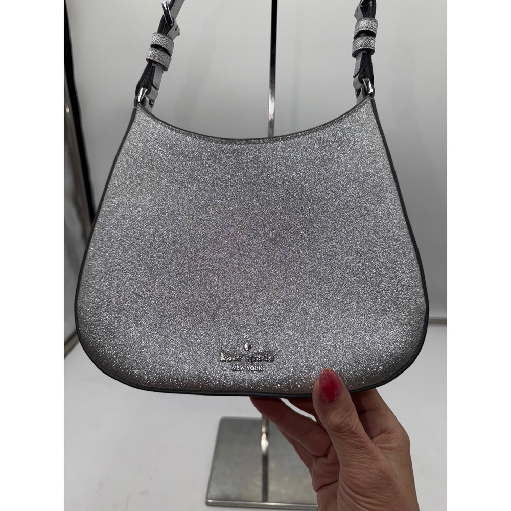 Kate Spade Silver Glitter Hobo Shoulder Bag Metallic Saffiano Leather Trim Small - Picture 2 of 11